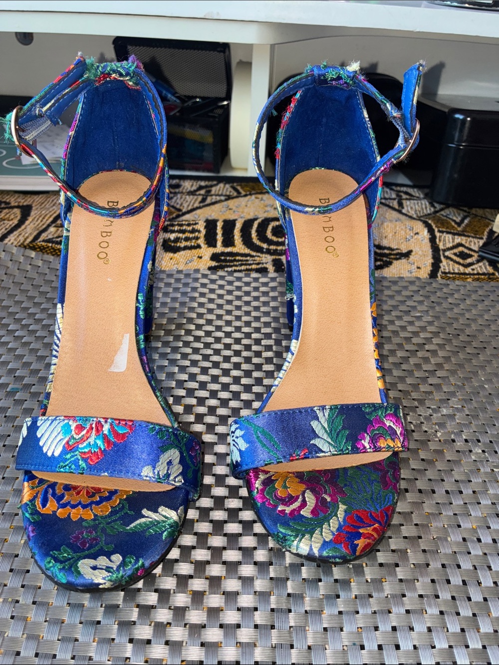 BAMBOO Navy Multicolor Floral Ankle-Strap Heels